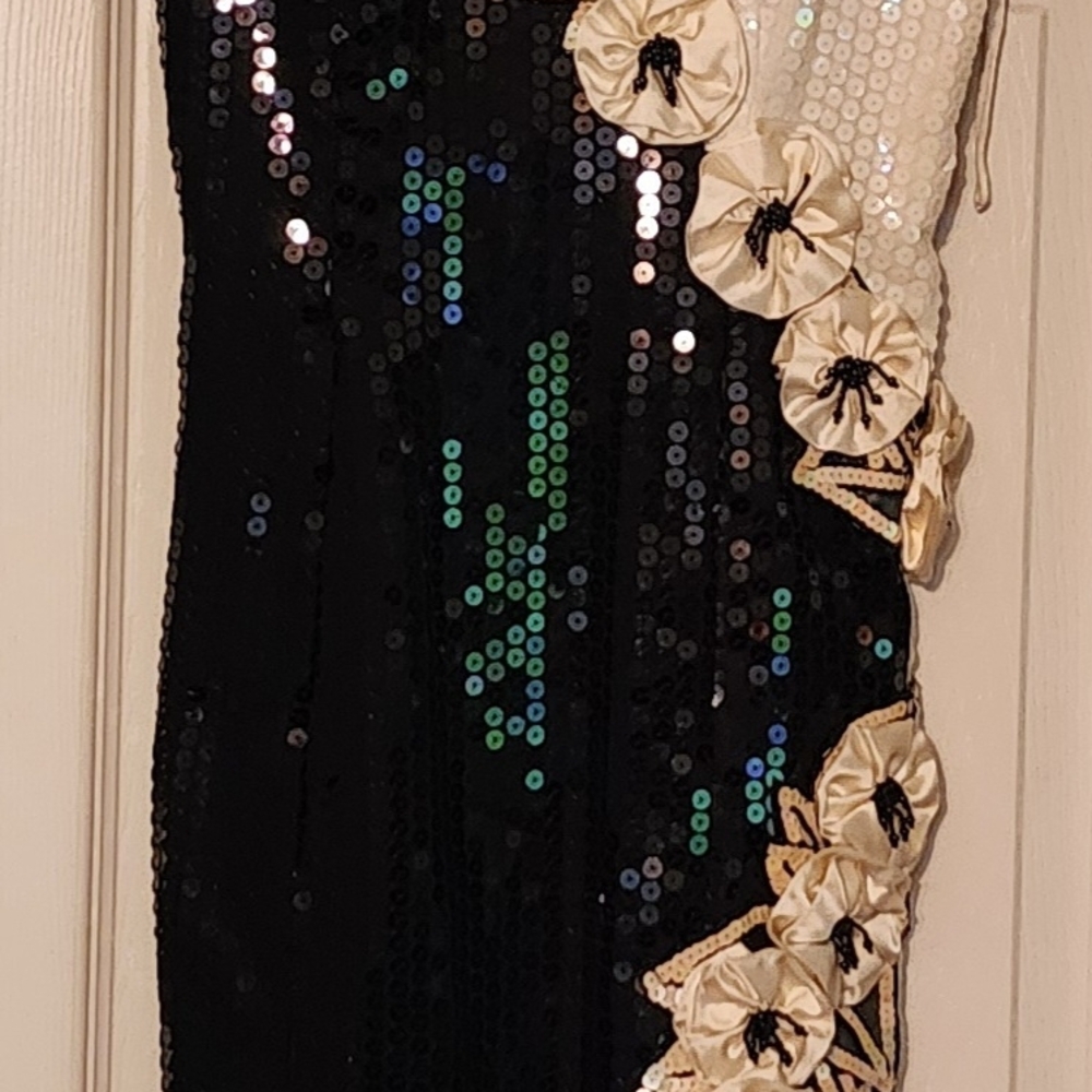 Sequin Black and Cream Dress with Floral Accents